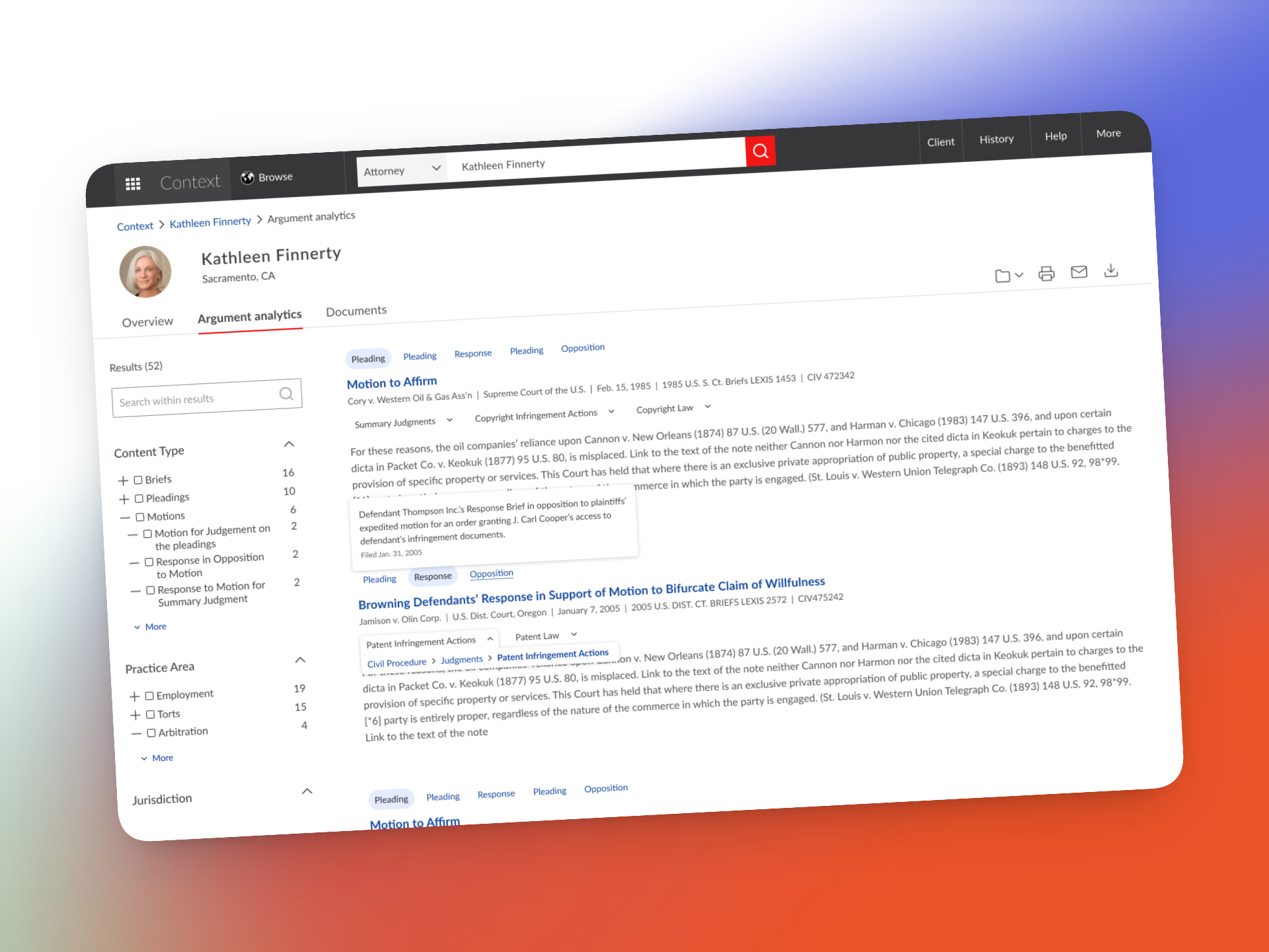LexisNexis Attorney Analytics interface — a search result view in the Argument Analytics tool, showing pleadings, motions, and responses for a selected attorney.